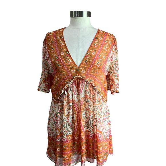 Rose Olive Sheer Paisley V Neck Boho Blouse Size M - Picture 1 of 9